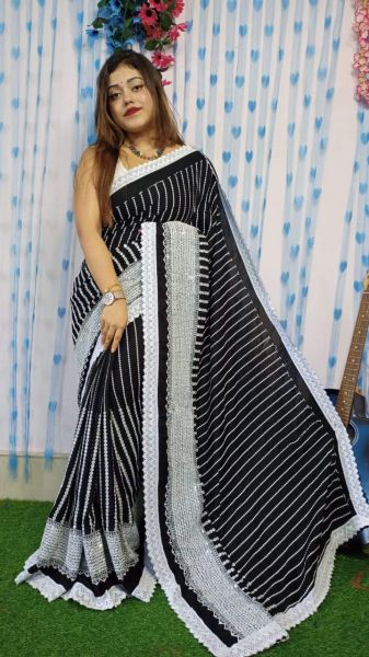 Black Stripes Design Pure Handloom Rayon Saree