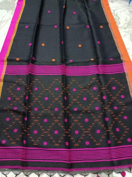 Black Pure Handloom Linen Saree From Bengal