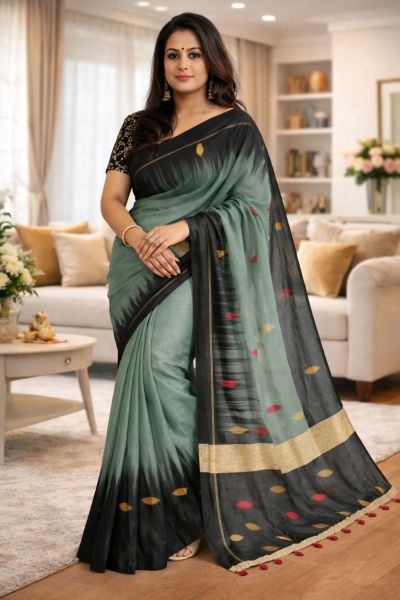 Women's Wear Sea Blue Ikkat Silk Cotton Pure Handloom Saree From Bengal