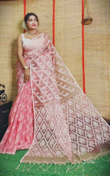 Light Pink Flower Design Pure Handloom Resham Cotton Saree