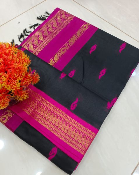 Black Pink Buti Design Pure Handloom Gadwal Silk Saree
