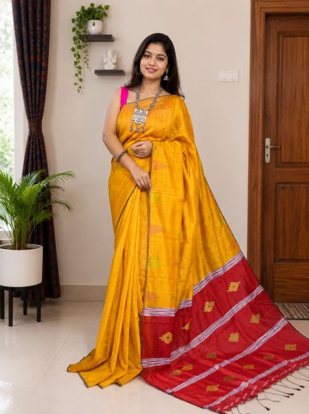 Mustard Yellow Pure Handloom Silk Cotton Saree From Bengal