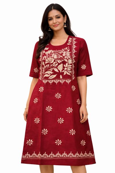 Red Pure Handloom Kantha Kurti From Bengal