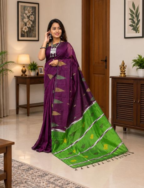 Wine Pure Handloom silk Cotton Saree From Bengal