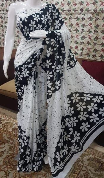 Black And White Hand Block Cotton Mulmul Saree