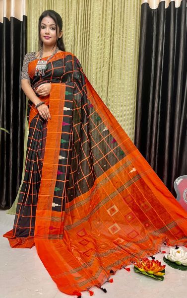 Black Orange Box Design Pure Handloom Silk Cotton Saree