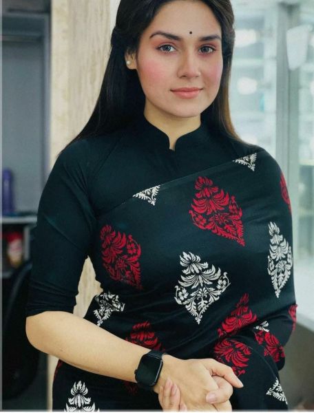 Black Flower Design Hand Block Cotton Mulmul Saree