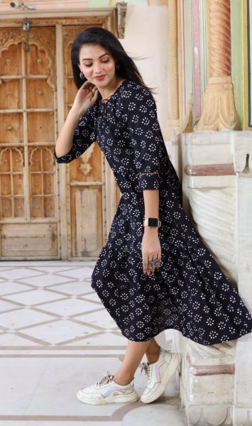 Charcoal Black Bagru Hand Block Printed Cotton Frill One Piece From Rajasthan