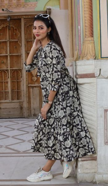 Black Flower Print Bagru Hand Block Printed Cotton Frill One Piece From Rajasthan