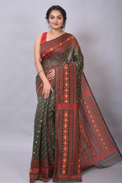 Mehandi Green Dhakai Jamdani Cotton Saree From Bengal