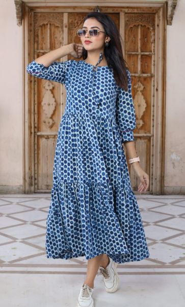 Blue Grey Bagru Hand Block Printed Cotton Frill One Piece From Rajasthan