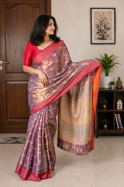 Dual Shade Body Pink And Orange Pure Handloom Tissue Cotton Saree From Bengal