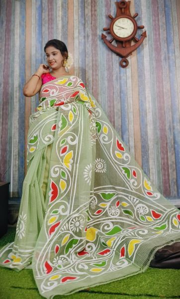 Sea Green Hand Printed Pure Handloom Resham Kota Saree