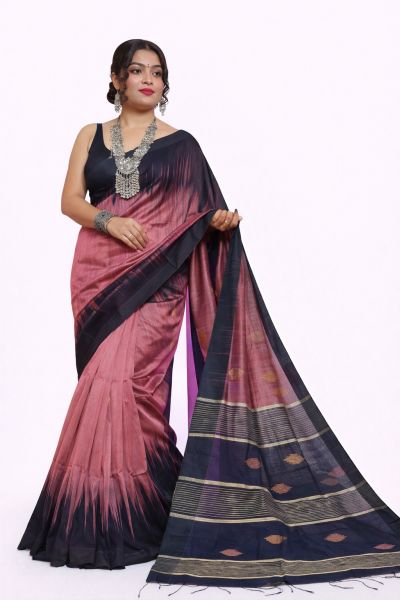 Pink Ikkat Silk Cotton Pure Handloom Saree From Bengal