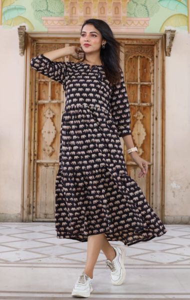 Black Bagru Hand Block Printed Cotton Frill One Piece From Rajasthan