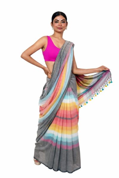 Gray Colour Pure Handloom Mulmul Cotton Saree From Bengal