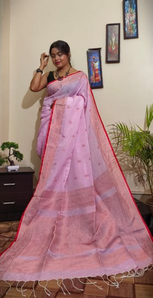 Baby Pink Flower Zari Work Linen Cotton Saree