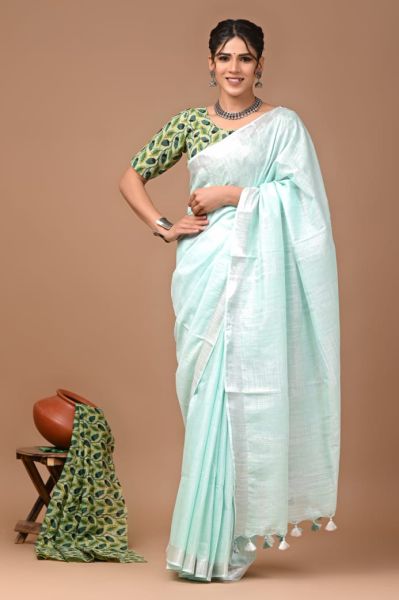 Pale Blue Linen By Linen Pure Handloom Saree From Bengal