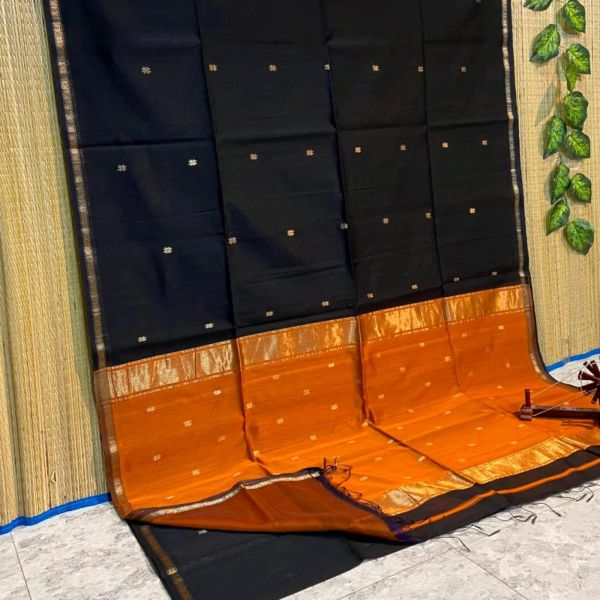 Black Orange Buti Pure Handloom Silk Cotton Saree