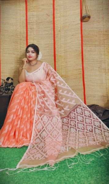 Orange Flower Design Pure Handloom Resham Cotton Saree