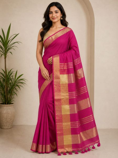 Red Pure Handloom Linen By Linen Saree From Bengal