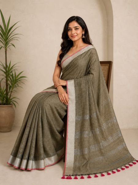 Rust Pure Handloom Linen By Linen Saree From Bengal