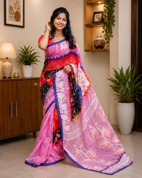 Multi color Pure Handloom Dhakai Jamdani Saree From Bengal