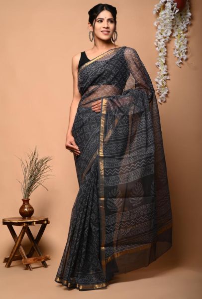 Black Hand Block Printed Pure Natural Die Colour Cotton Saree