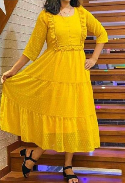 Yellow One piece Butti Georgette Linning Design