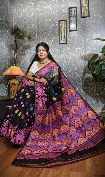 Black Pink Elephant Design Pure Handloom Soft Dhakai Jamdani Saree