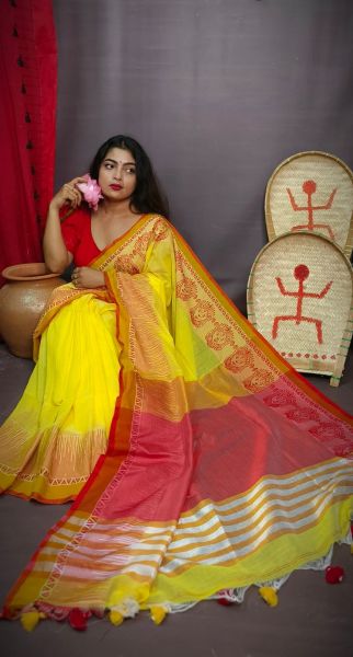 Yellow Red Pure Handloom Ikkat Silk Saree From Bengal