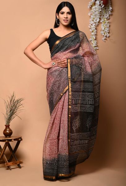 Black And Red Hand Block Printed Pure Natural Die Colour Cotton Saree