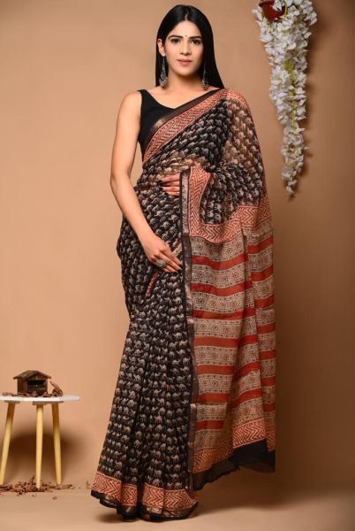 Black Hand Block Printed Pure Natural Die Colour Cotton Saree