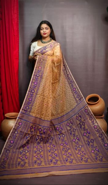 Beige Buti Design Pure Handloom Dhakai Jamdani Saree