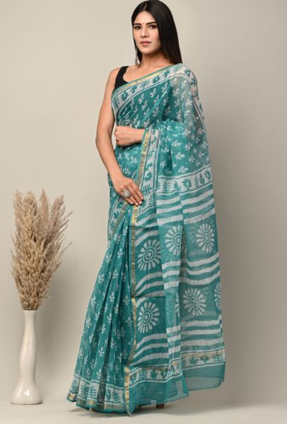Ananda blue Hand Block Printed Pure Natural Die Colour Cotton Saree