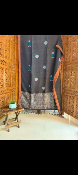 Black Pure Handloom Linen By Linen Saree From Bengal