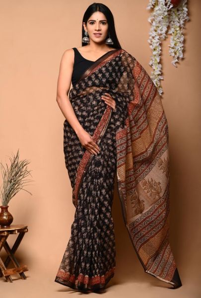 Black Hand Block Printed Pure Natural Die Colour Cotton Saree