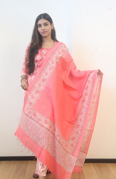 Pink Leaf Design Kurti With Dupatta