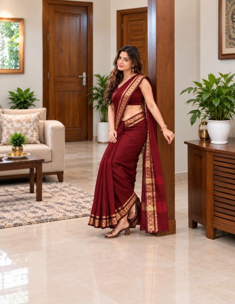 Bright Maroon Pure Handloom Mulmul Cotton Saree From Bengal