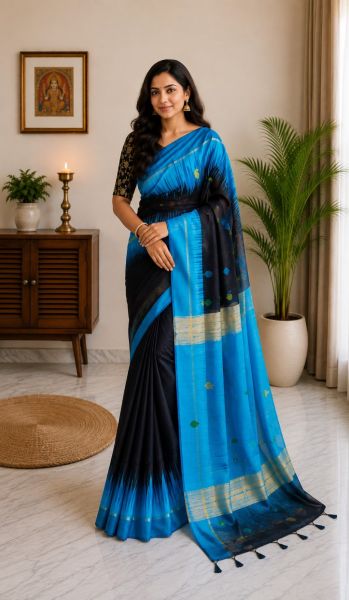 Black Pure Handloom Ikkat Silk Cotton Saree From Bengal
