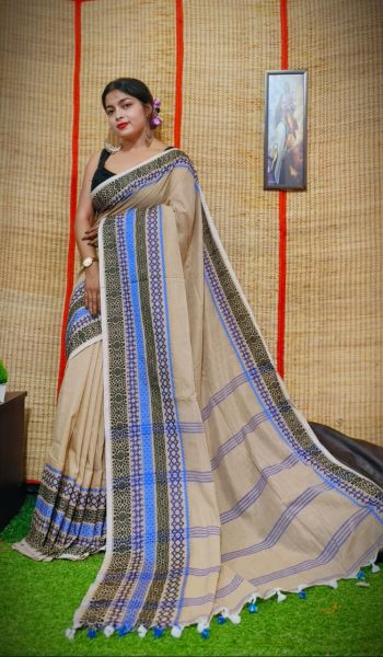 Cream Plain Body Pure Handloom Cotton Saree