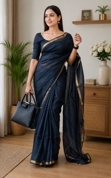 Navy Blue Pure Handloom Maslin Tussar Silk Saree From Bengal
