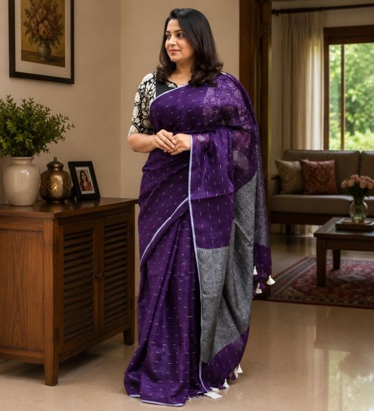 Violet Pure Handloom Linen By Linen Saree From Bengal