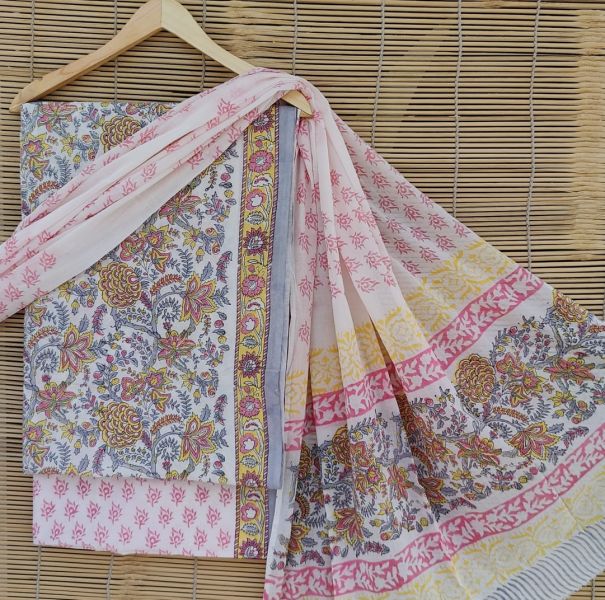 Multicolor Hand Block Printed Cotton Suit And Pant And Dupatta