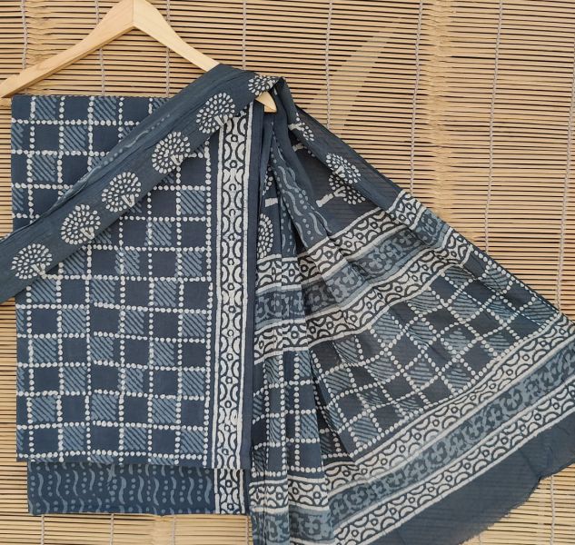 Black White Grey Hand Block Printed Cotton Suit And Pant And Dupatta