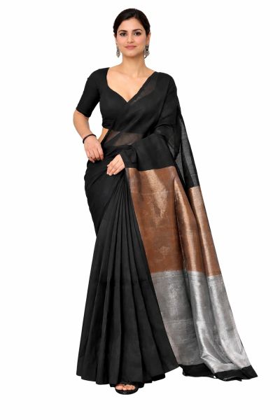 Black Golden Silver Pure Handloom Cotton Saree From Bengal