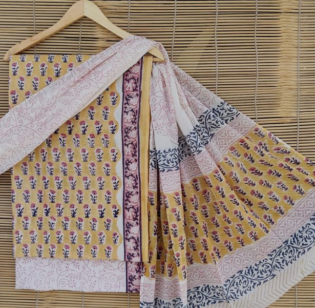 Yellow White Pink Black Hand Block Printed Cotton Suit And Pant And Dupatta