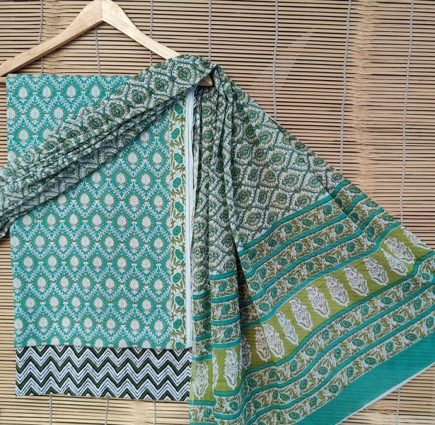 Sea Blue White Hand Block Printed Cotton Suit And Pant And Dupatta