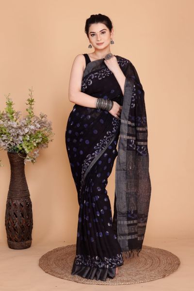 Black Circle Design Hand Block Printed Linen Cotton Saree From Rajasthan