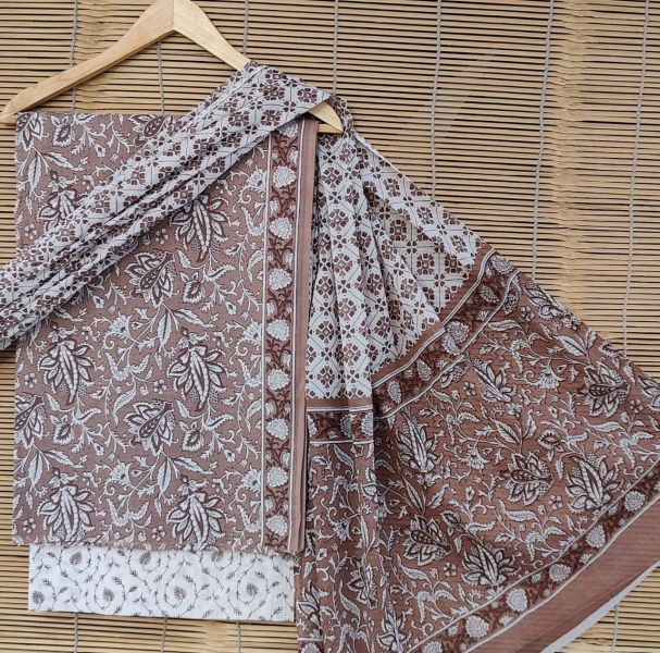 White Light Brown Hand Block Printed Cotton Suit And Pant And Dupatta